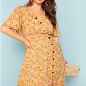 Shein Asymmetric Buttoned Placket Floral Dress-Plus Size